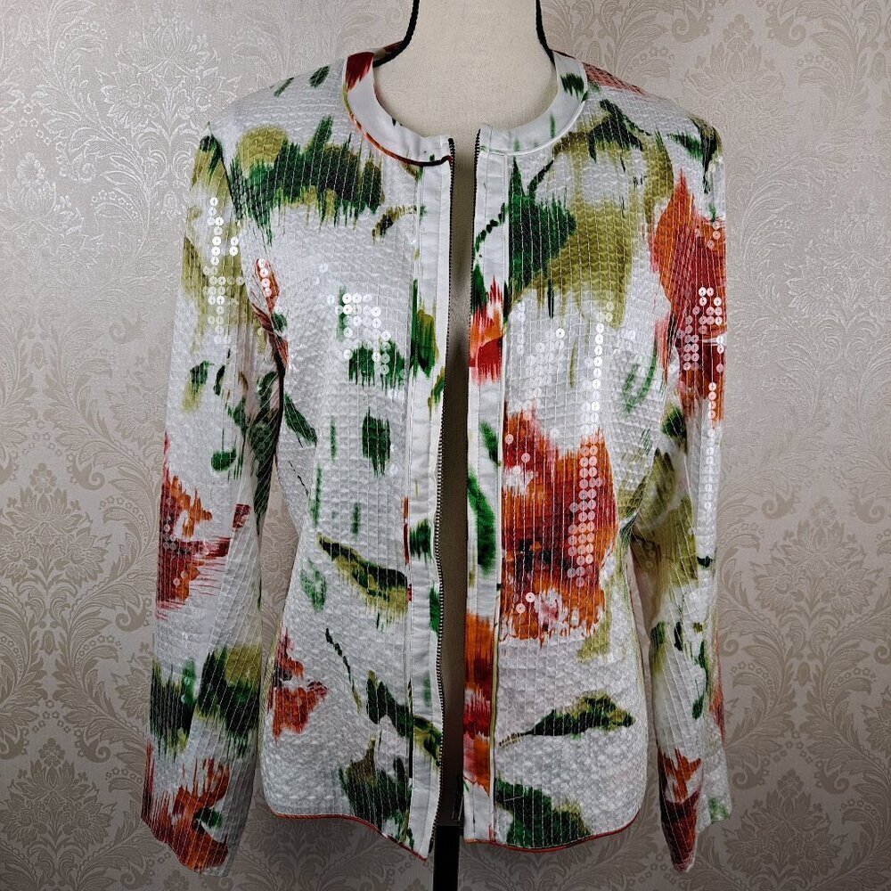 Chico's Size 1 (US S) Zip Front Jacket White Orange Green Clear Sequins Rd Neck